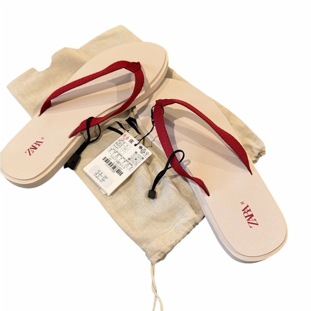 ZARA Red Strap Cream Footbed Women's Sandals - Picture 2 of 5